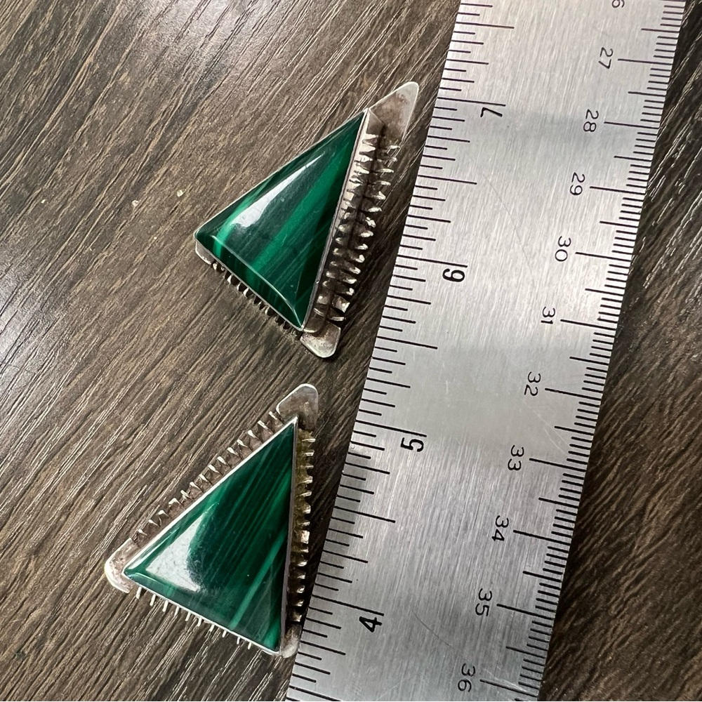 Vintage TAXCO Earrings MALACHITE Gemstones Sterling Mexico Clip 24G - Picture 12 of 16
